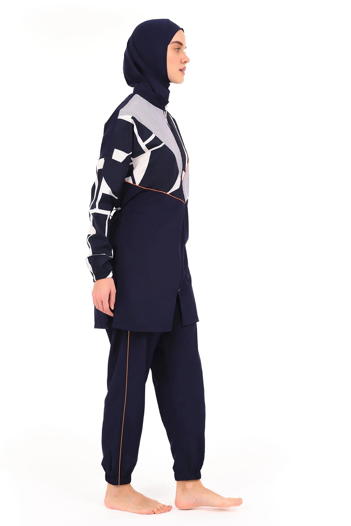 Full side profile of navy burkini set with geometric print top.