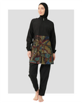 Black burkini set with geometric print top, front view on white background.