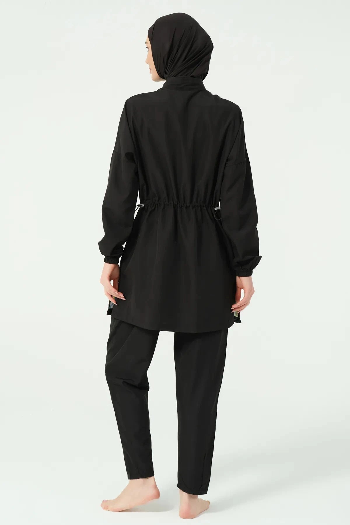 Black burkini set back view showing adjustable drawstring detail.