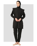 Black hijab swimwear front view with sharp shoulder detailing.