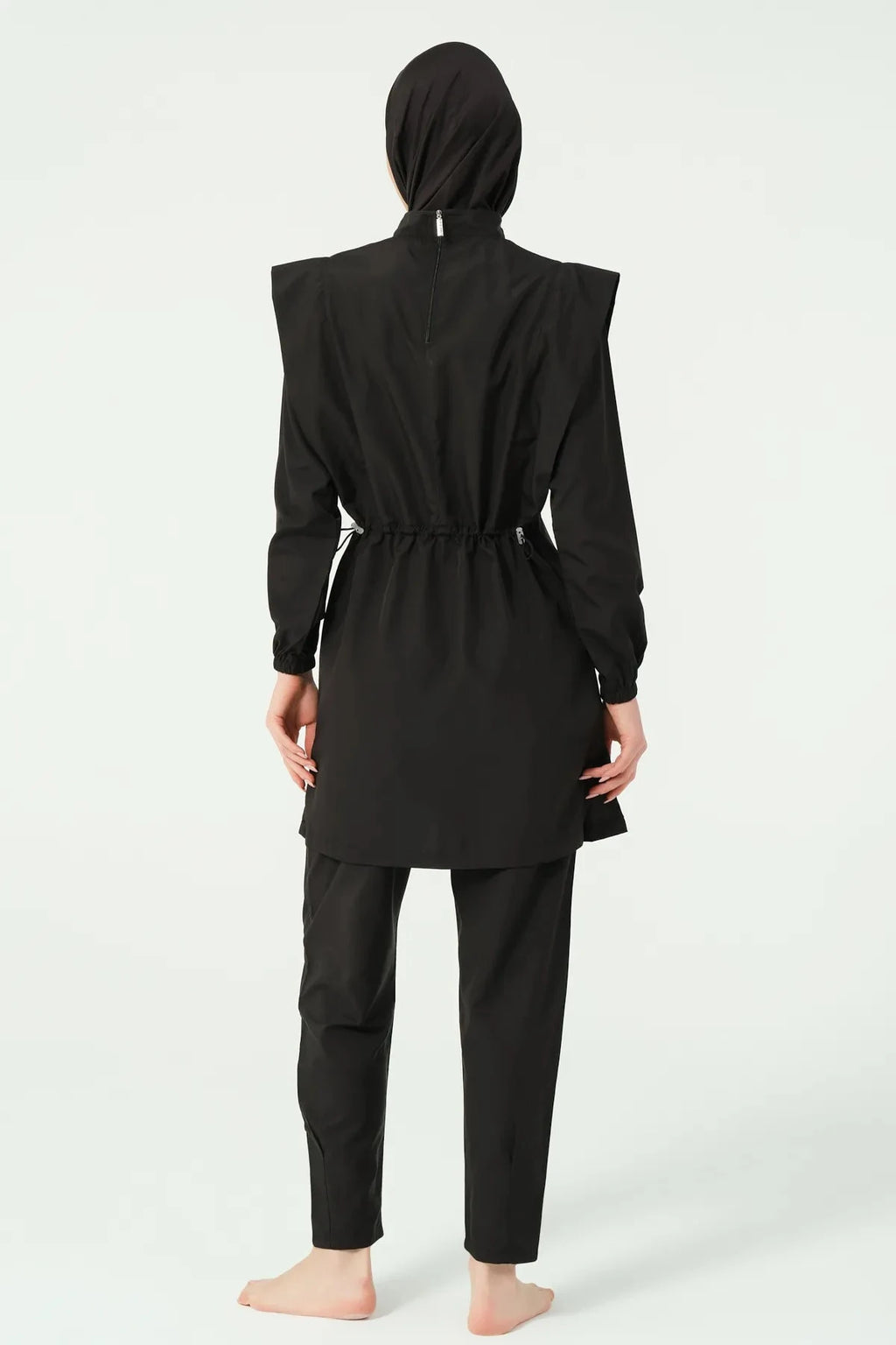 Black hijab swimwear back view showing adjustable waist drawstring on tunic.
