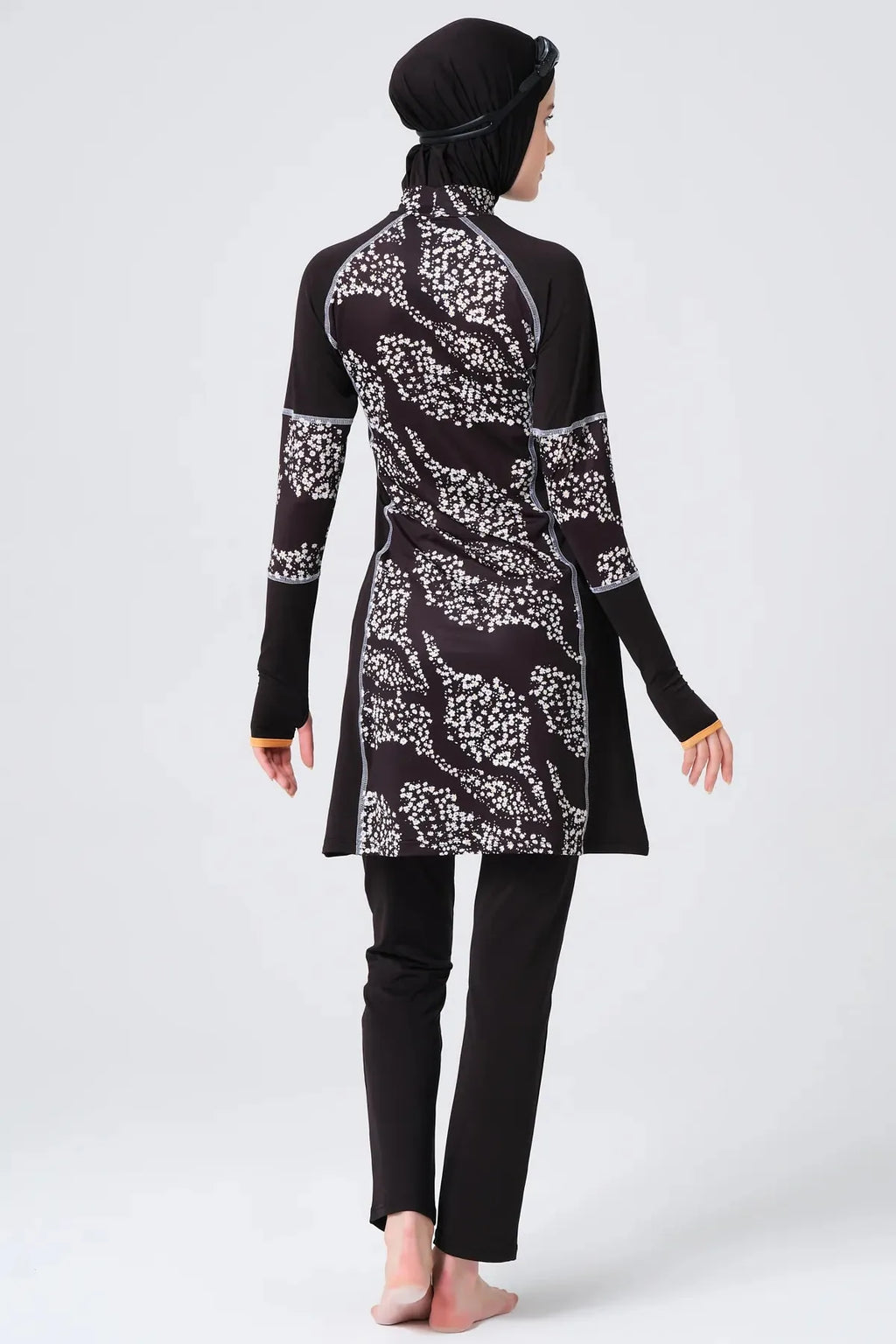 Black floral burkini set back view showing full coverage design.