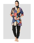 Abstract art print burkini set front view on a light background.