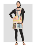 Model wearing abstract print modest swimsuit set front view with black hijab.
