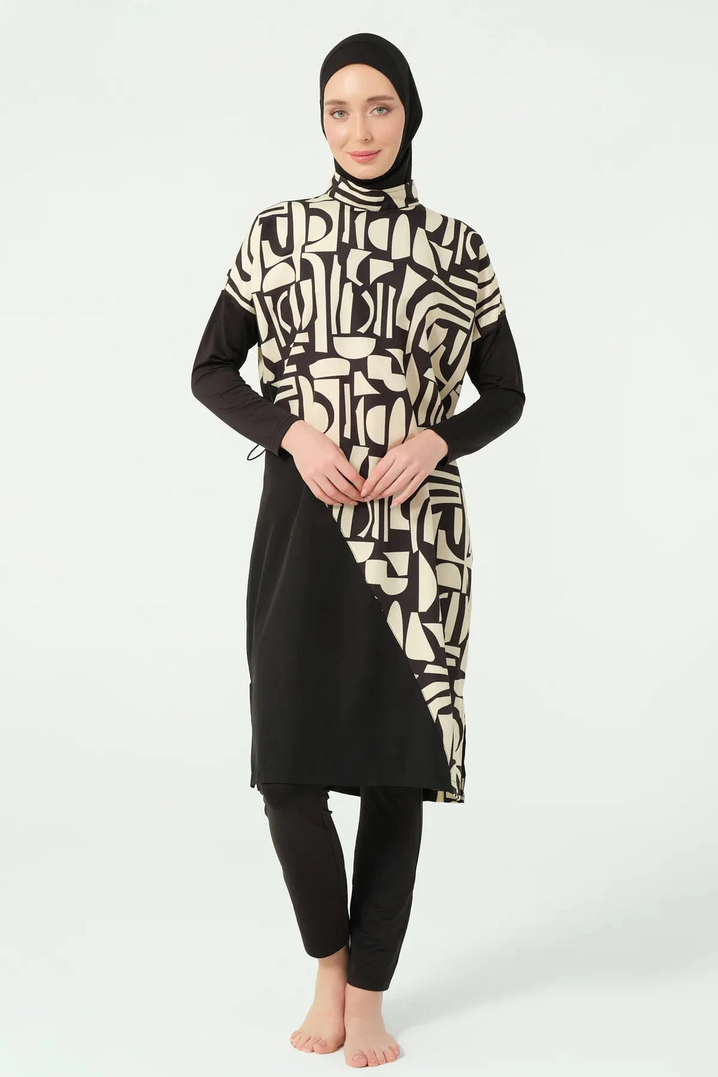Modest black and beige abstract print swimsuit set front view.