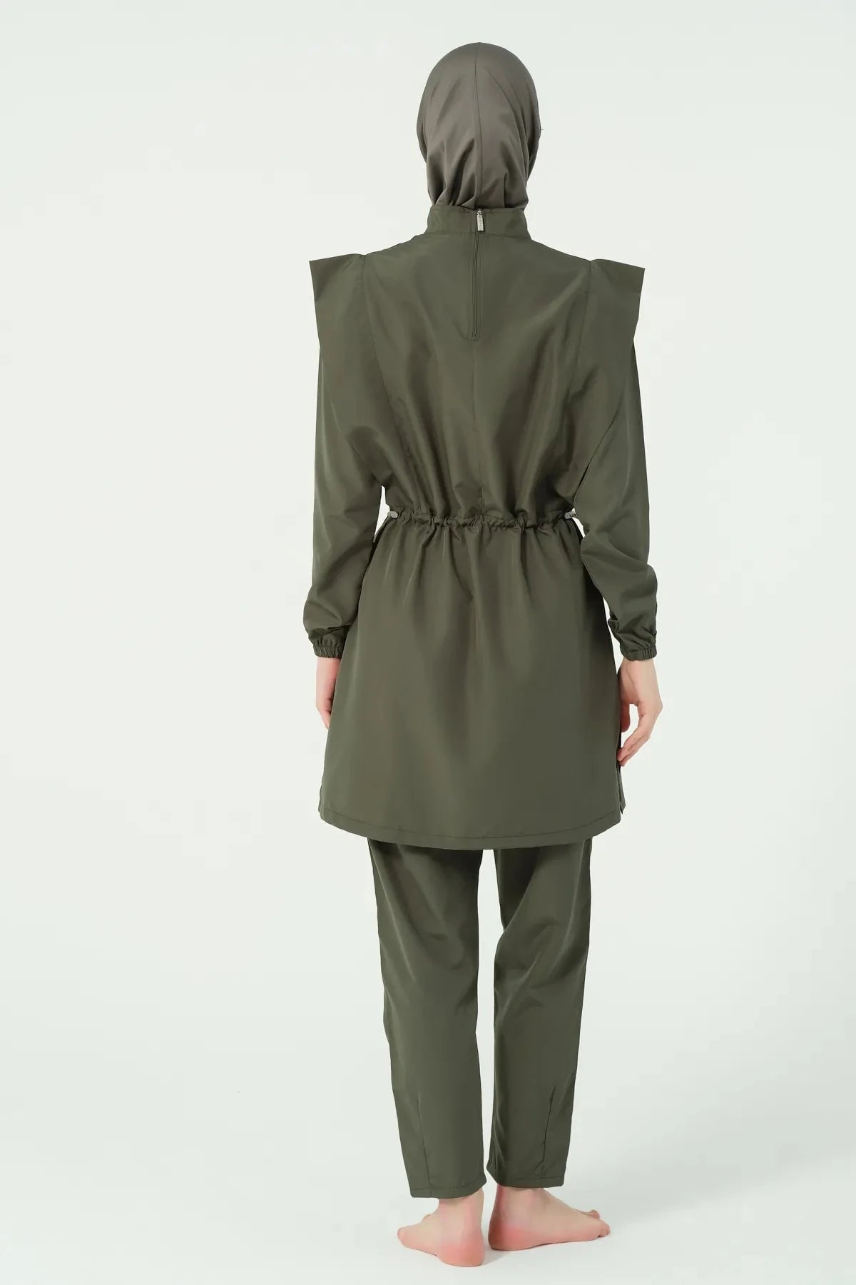 Khaki modest swimsuit set back view showing adjustable drawstring waist.