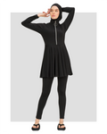 Black flared modest swimsuit set front view on model with hands up