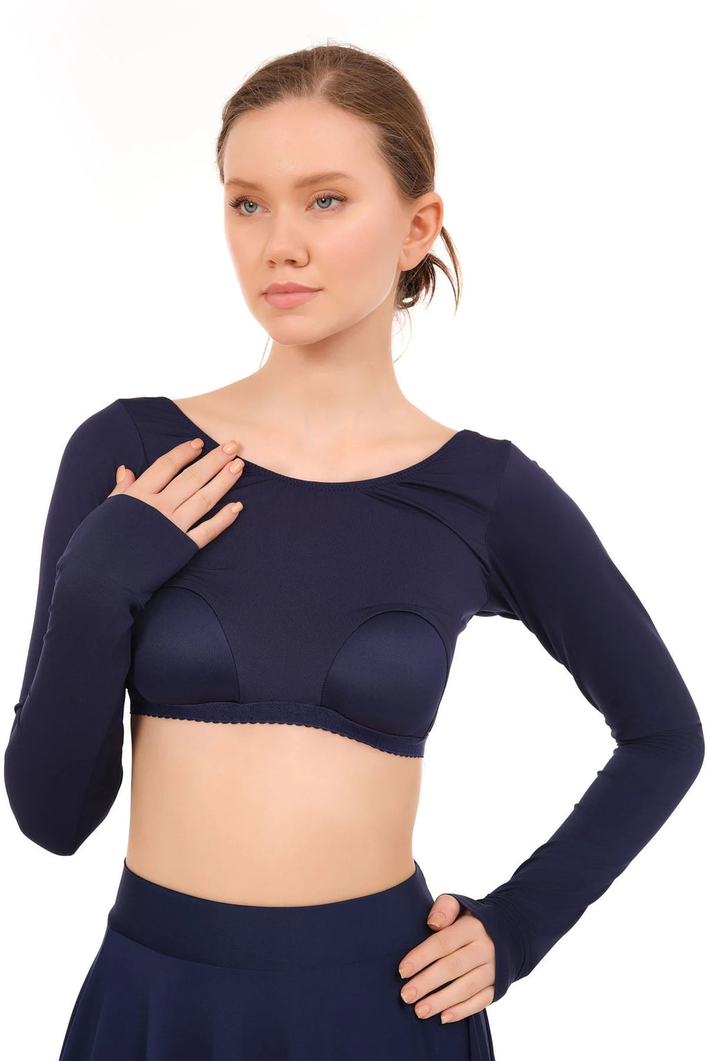 Navy long-sleeve inner crop top with scoop neck.