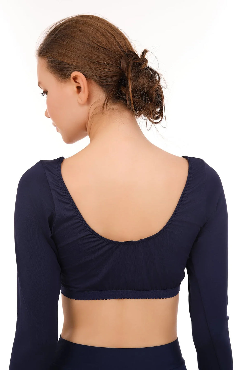 Back view of navy long-sleeve inner crop top.