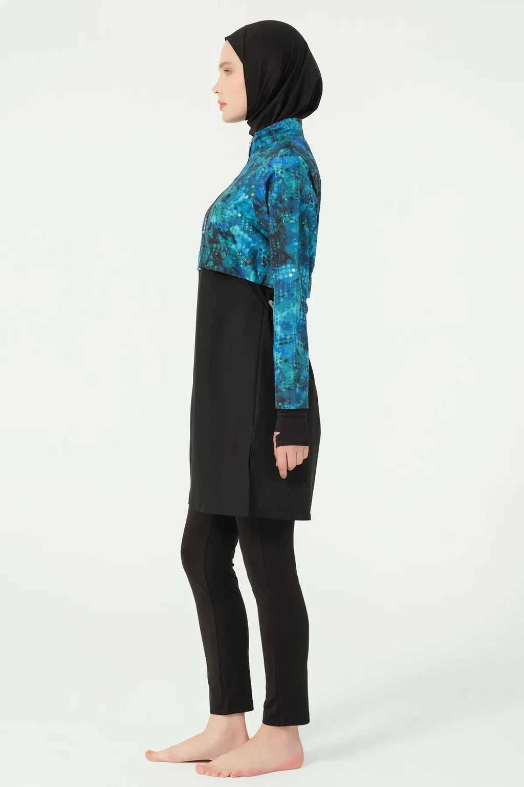 Teal and black hijab swimwear set left side view.