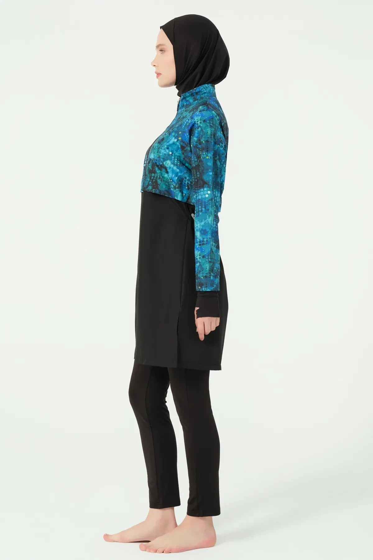 Teal and black hijab swimwear set left side view.