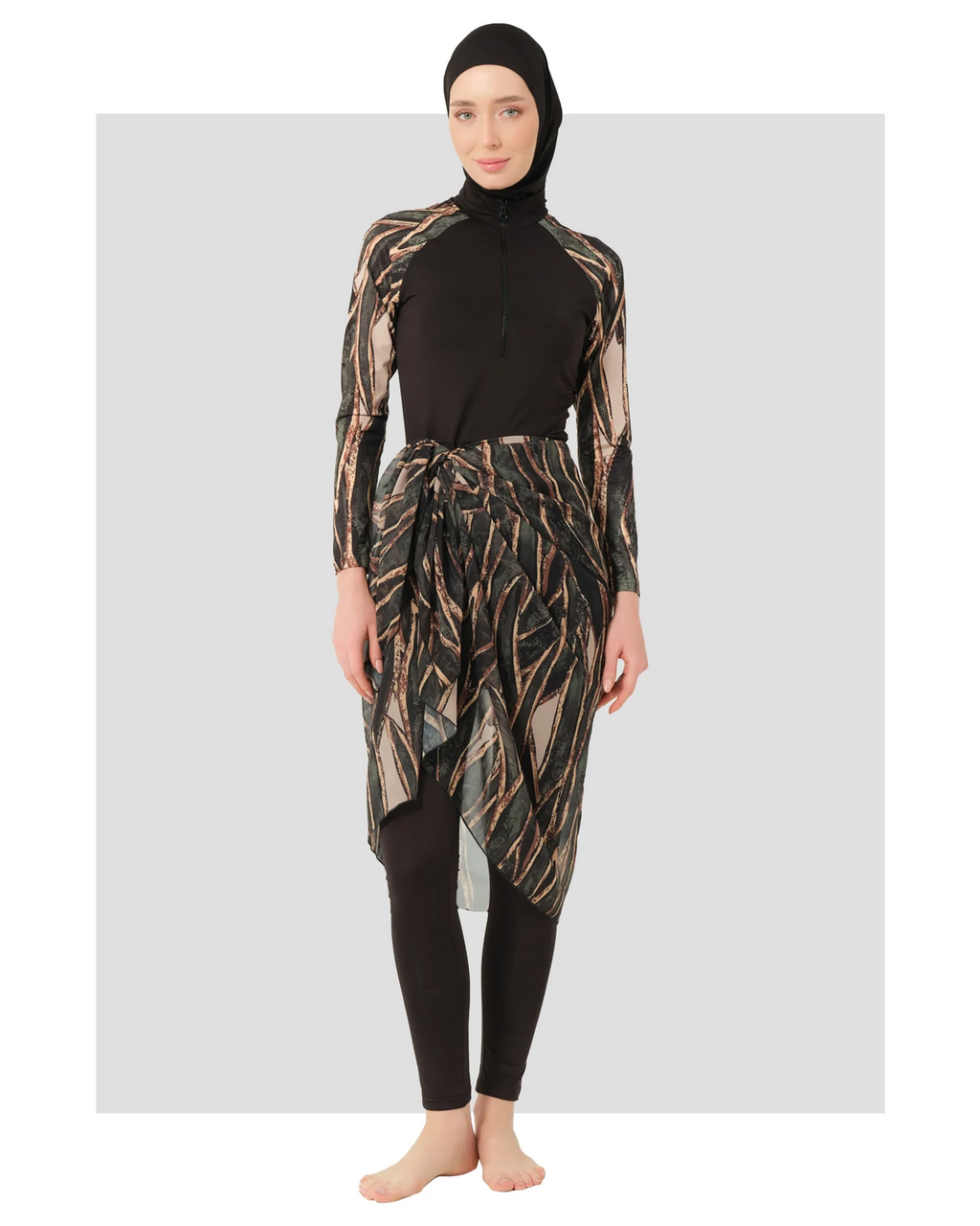 Black printed burkini set with sheer cover-up, front view.
