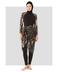Black printed burkini set with sheer cover-up, front view.
