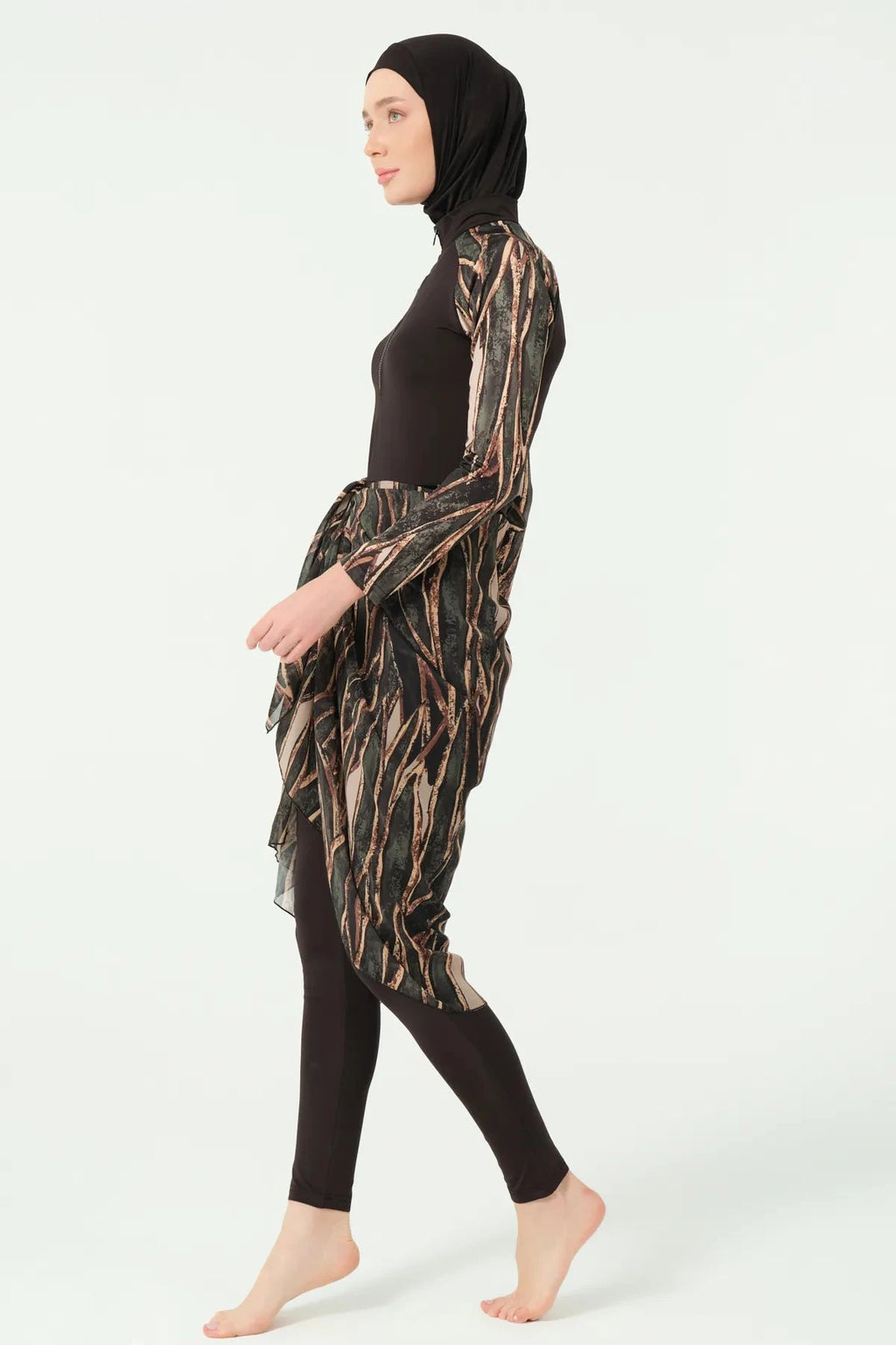 Black printed burkini set with sheer cover-up, side view.