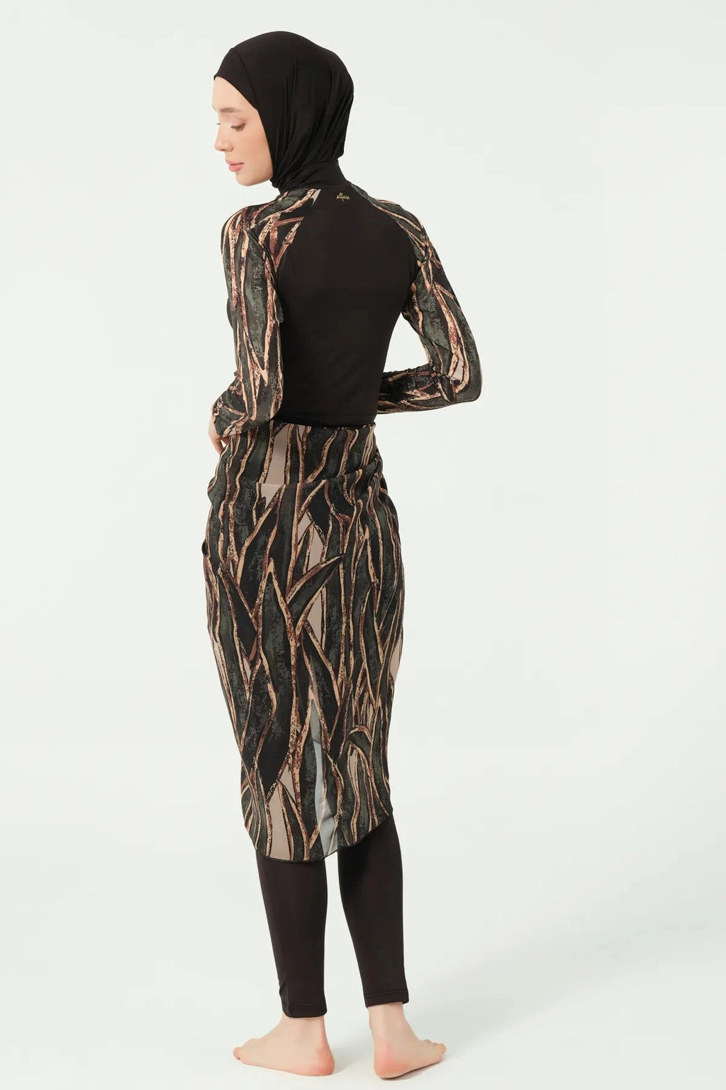 Black printed burkini set with sheer cover-up, back view.