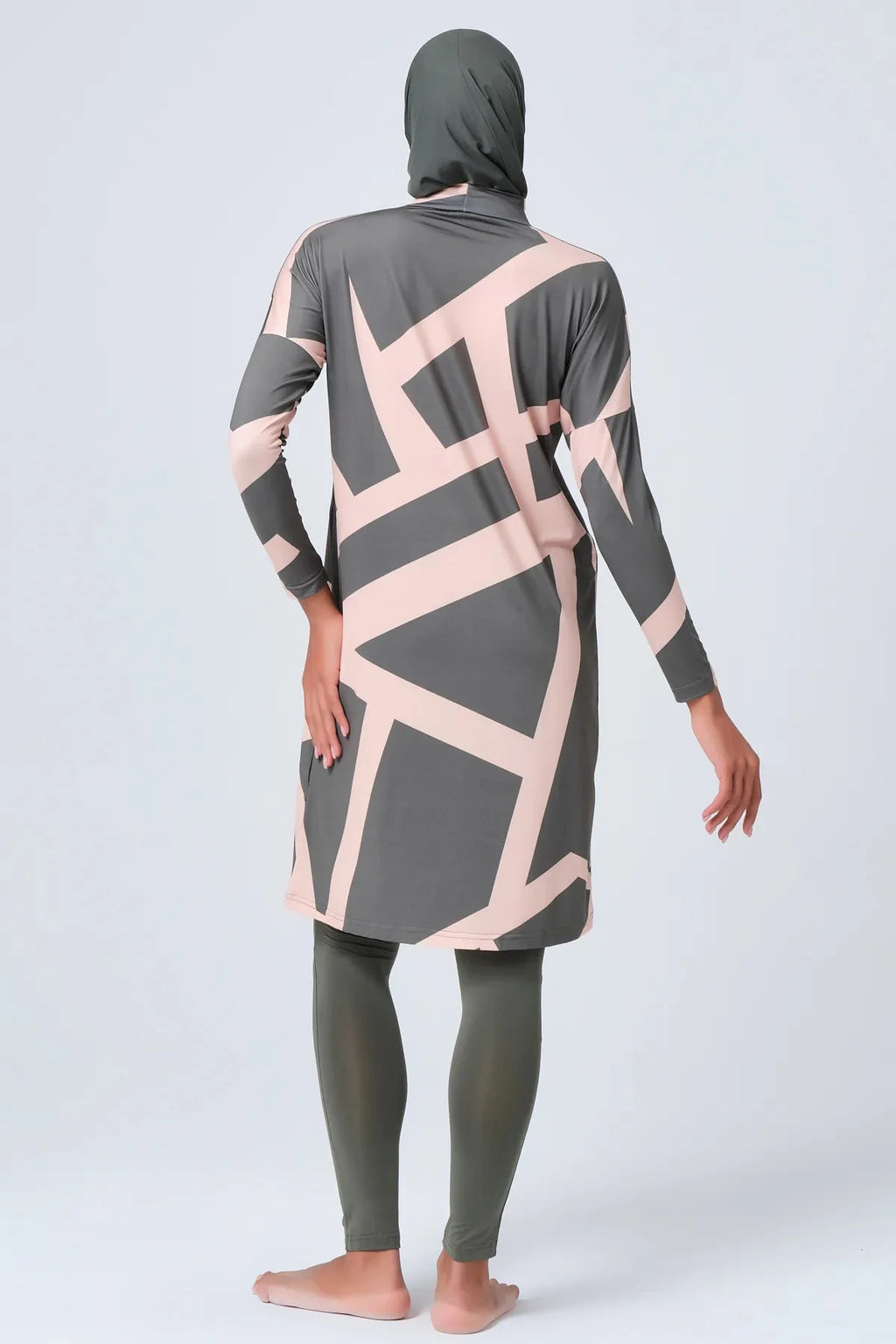 Grey and pink geometric print burkini set with hijab back view