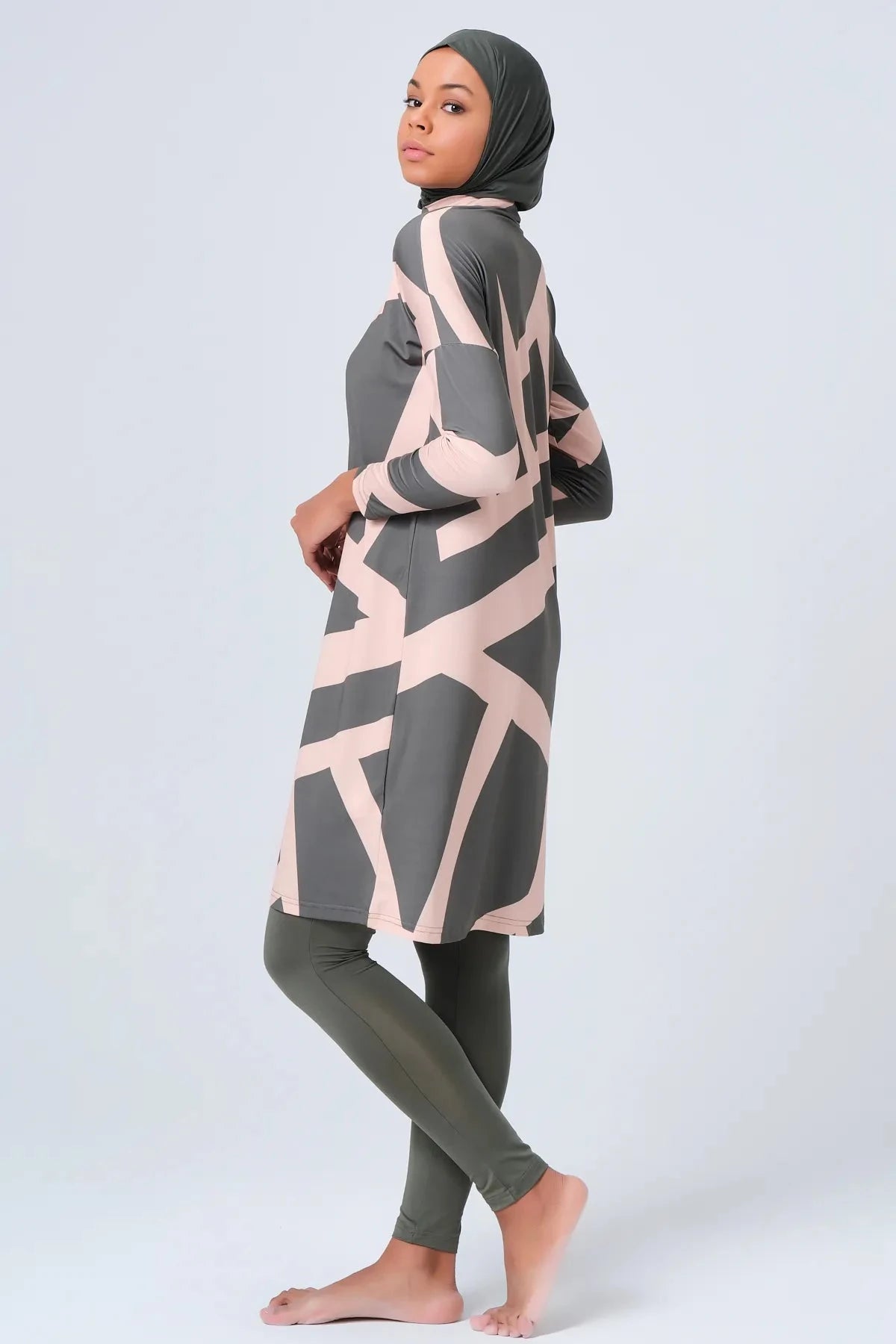 Grey and pink geometric print burkini set with hijab side view