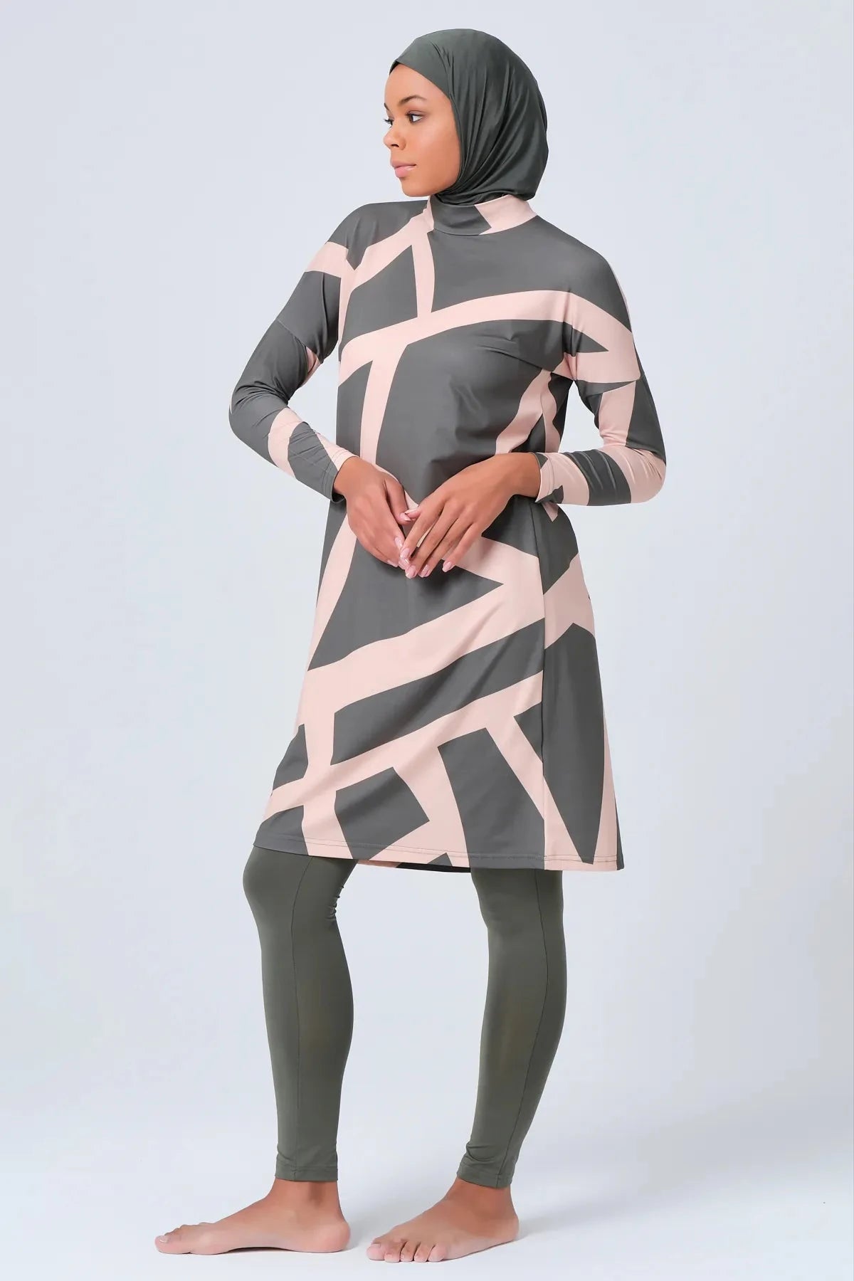 Grey and pink geometric print burkini set with hijab angled view