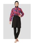 Woman in black hijab swimwear with abstract print jacket, front view.
