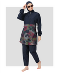 Navy burkini set with geometric print top and sunglasses, front view.