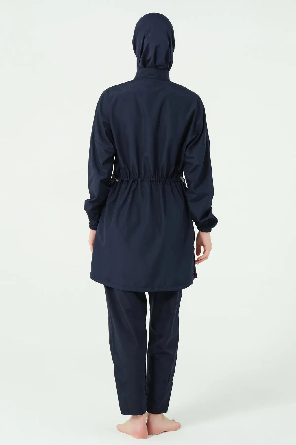 Navy burkini set back view, showing adjustable drawstring waist.
