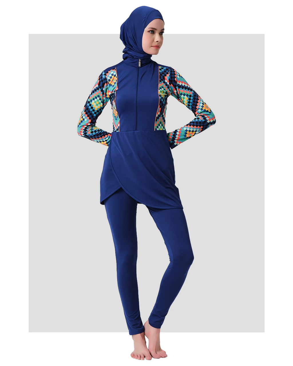 Blue mosaic sporty burkini front view on a light grey background