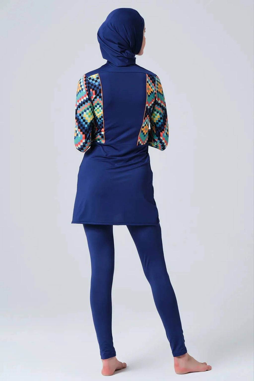 Blue mosaic sporty burkini back view on a light grey background