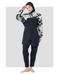 Navy blue burkini with abstract floral print on sleeves, front view.
