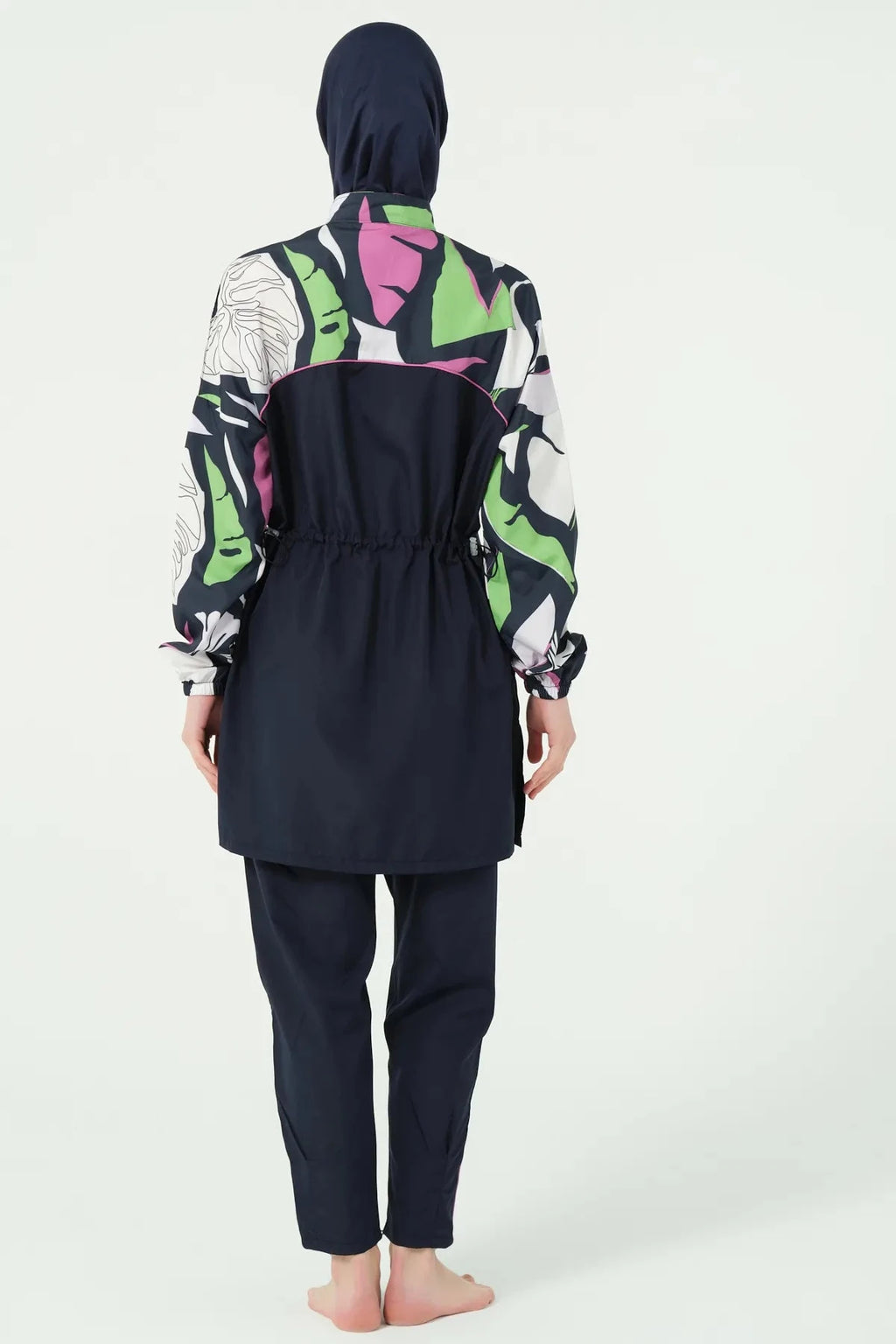 Back view of navy burkini with floral print, showing adjustable drawstring waist.