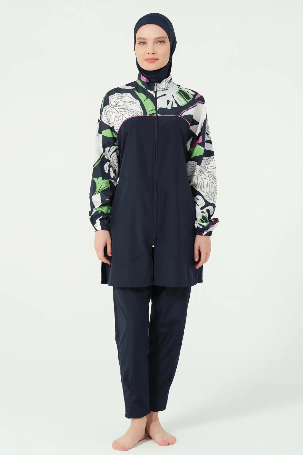 Full front view of navy blue burkini with abstract floral print.