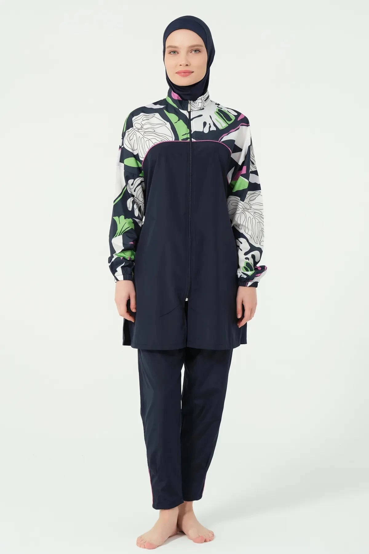 Full front view of navy blue burkini with abstract floral print.