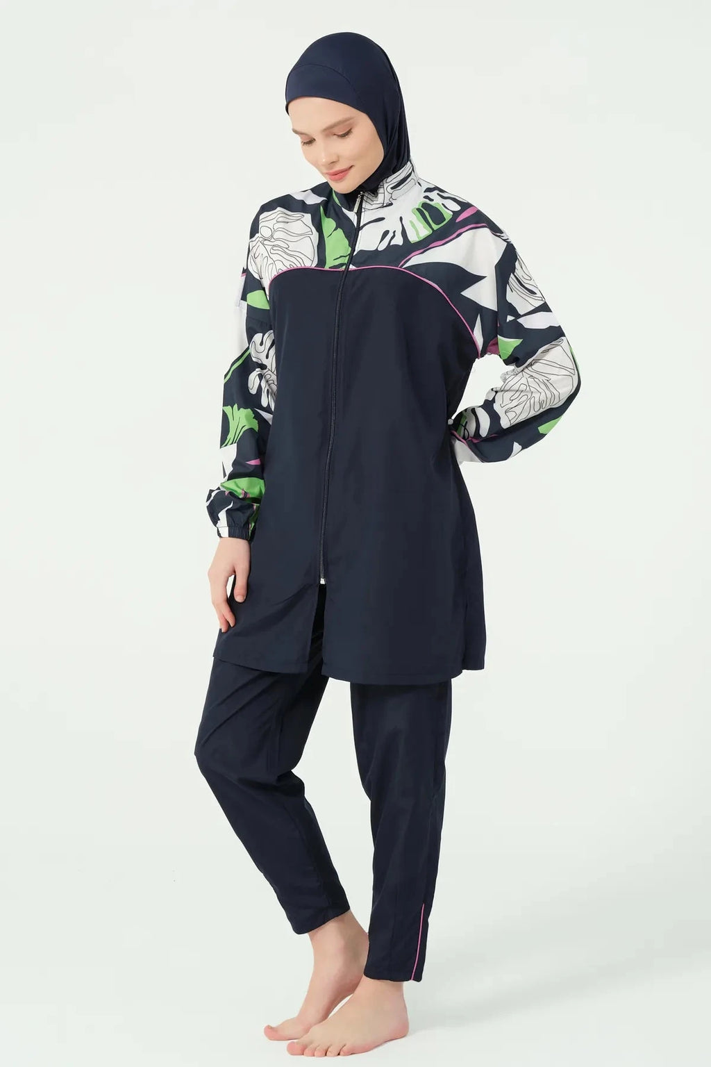 Right side view of navy blue burkini with abstract floral print.