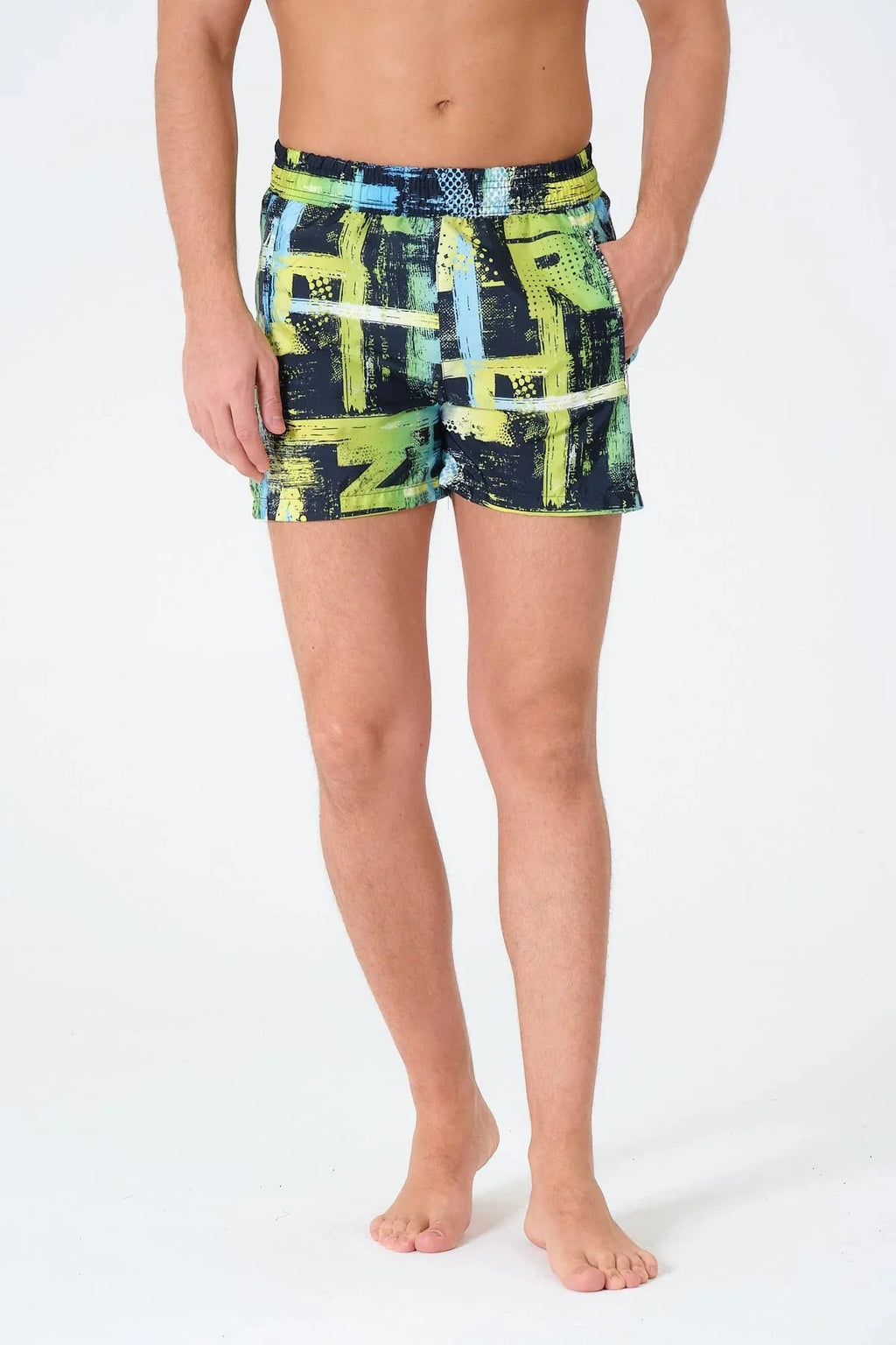Men's neon abstract print swim trunks, front view on white background.