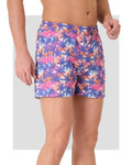Men's swim trunks with palm tree print, front side view.