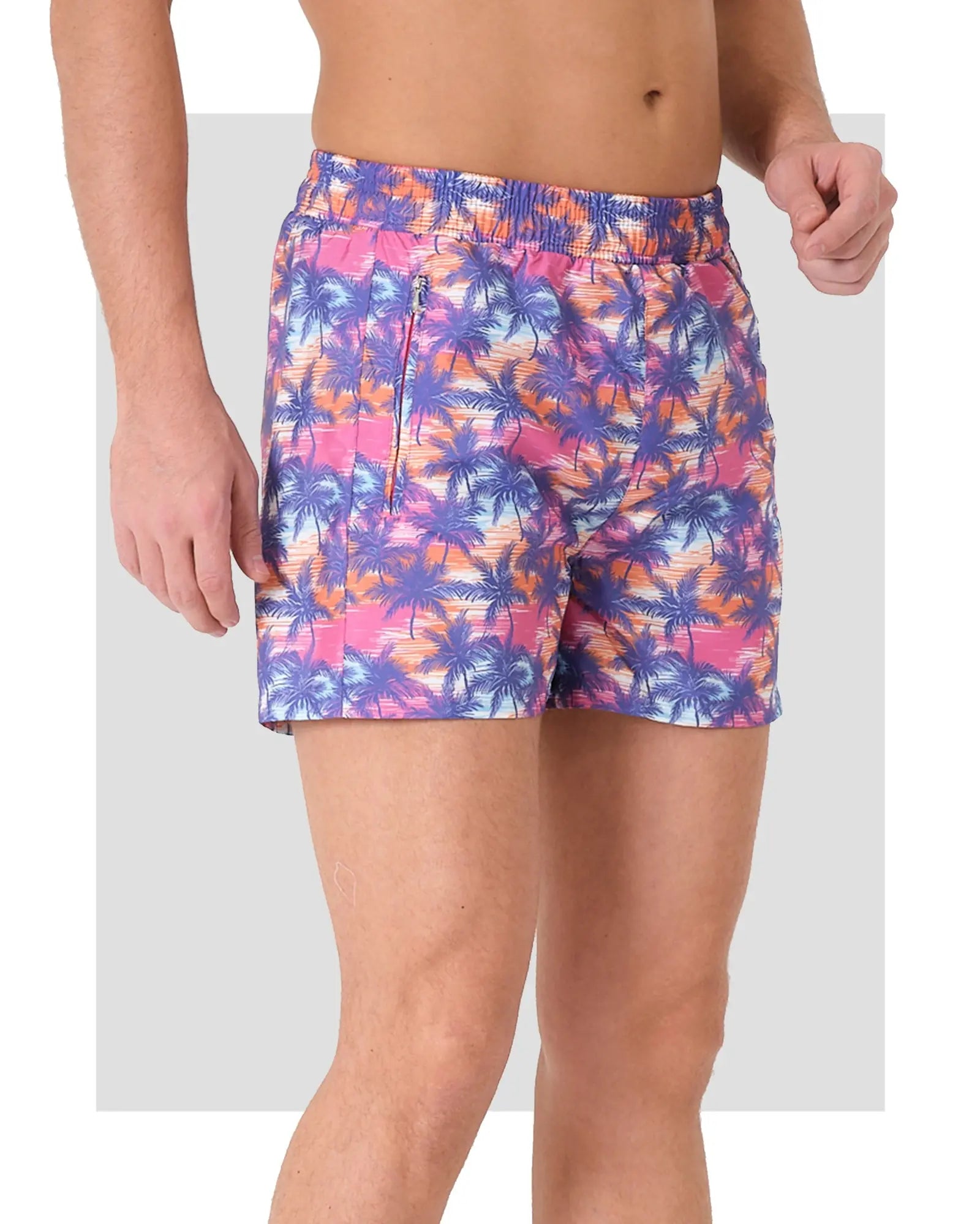 Men's swim trunks with palm tree print, front side view.