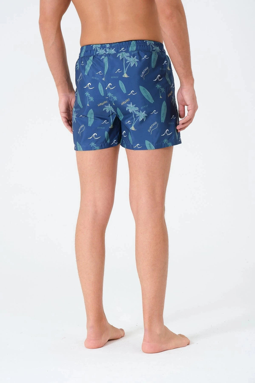 Blue men's swim trunks with surfing and palm print, back view.