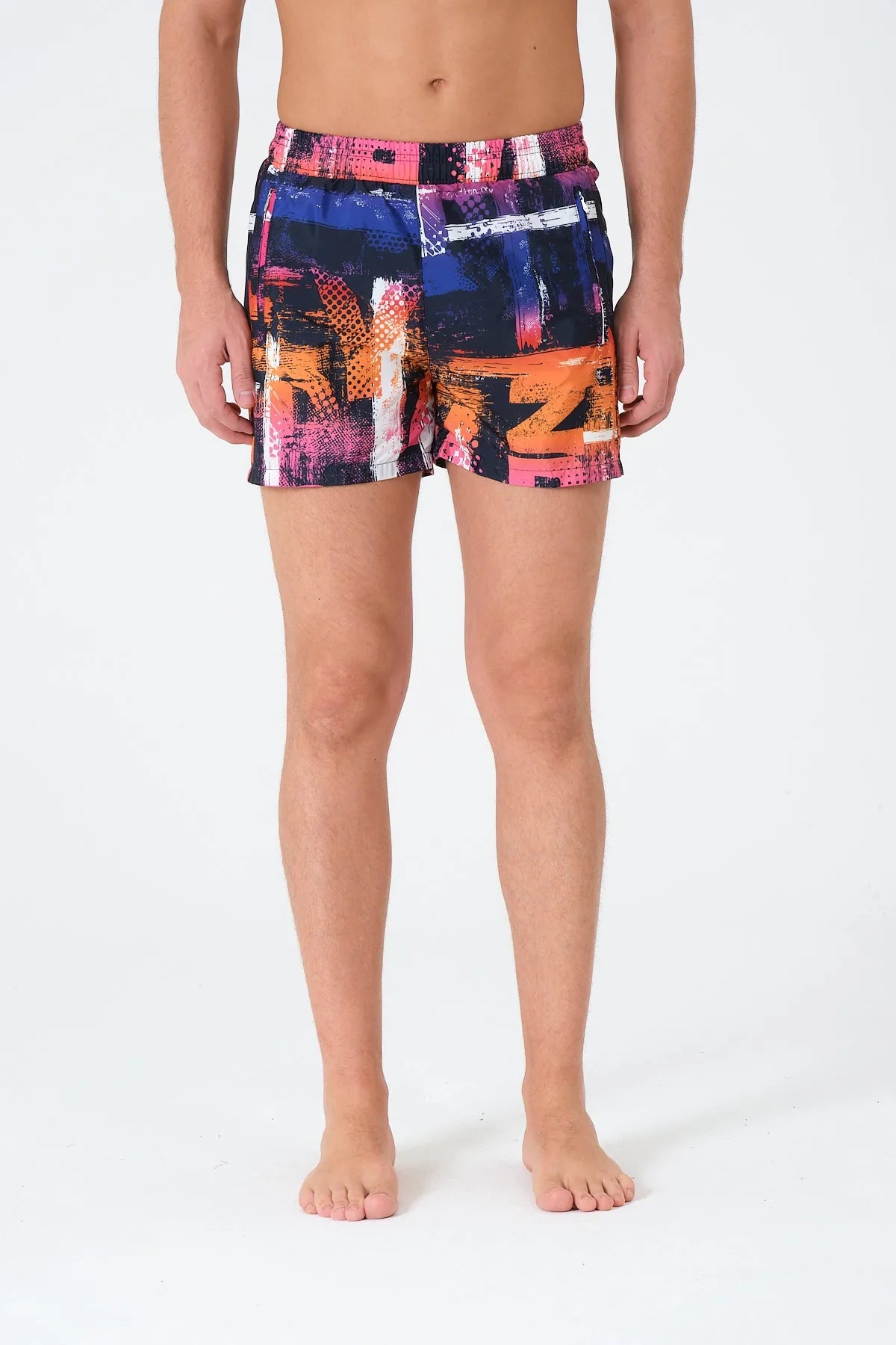 Men's abstract graphic print swim trunks full body view