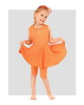 Young girl in orange modest swim dress and leggings, front view.