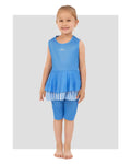 Blue striped modest swim dress for girls, front view.