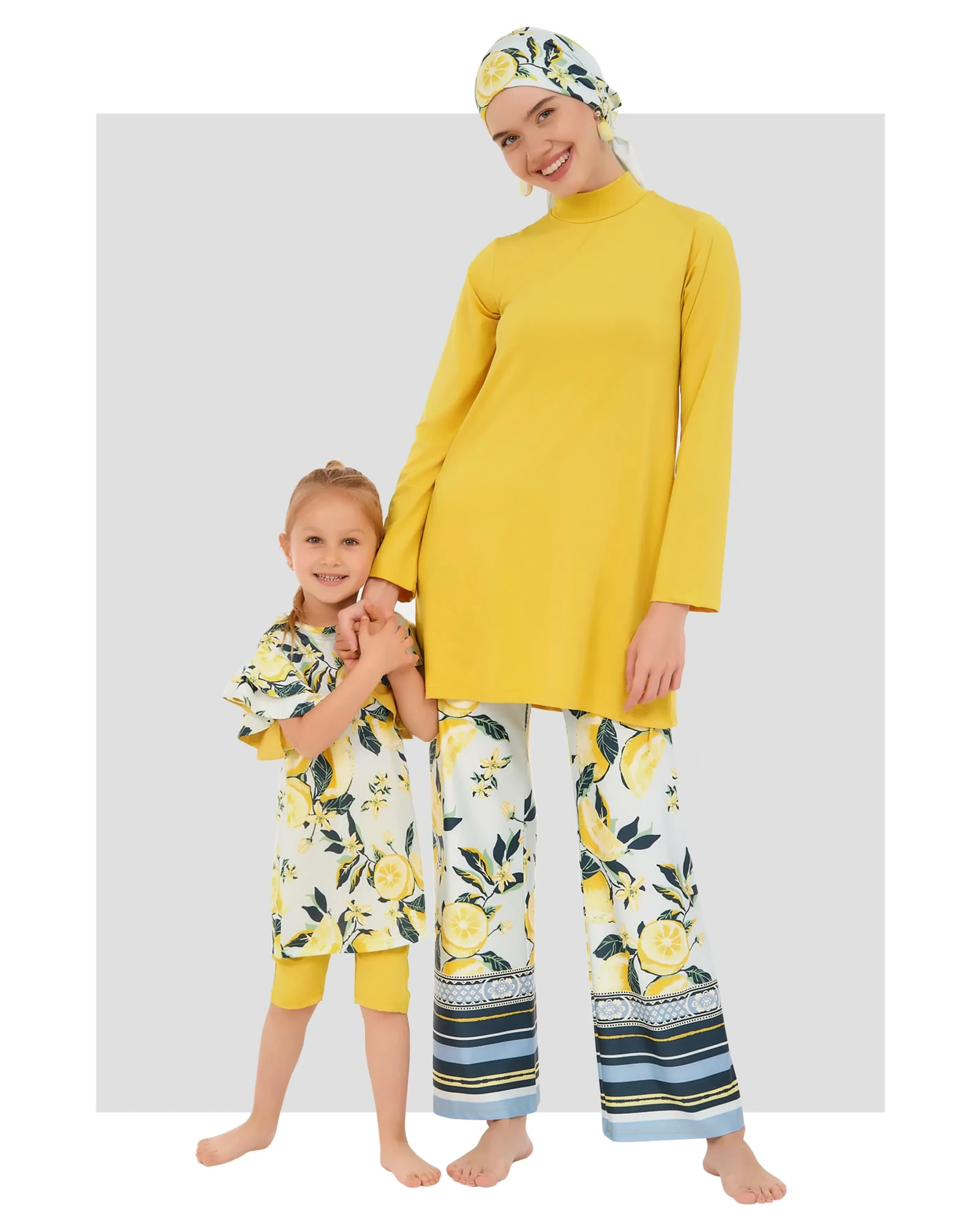 Mother and daughter in matching lemon print modest swimwear sets