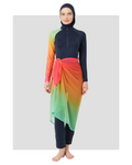 Model in gradient sarong over navy modest swimwear, front view.