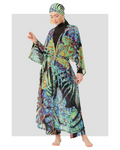 Model in multi-color sheer kimono with belt over black modest swimsuit.