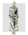 Model wearing geometric print kimono and matching hijab, front view.