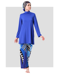 Sapphire blue modest burkini set front view with abstract print pants.