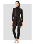 Black modest swimwear with neon piping, front view on model.