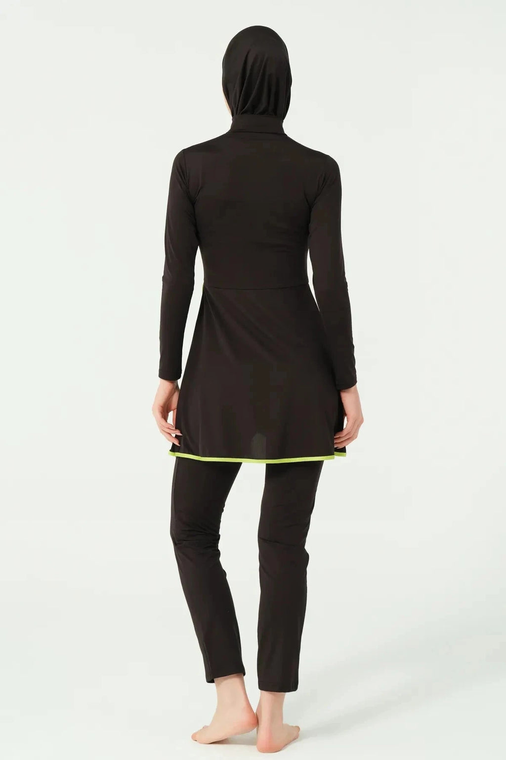 Black modest swimwear back view, showing full coverage.