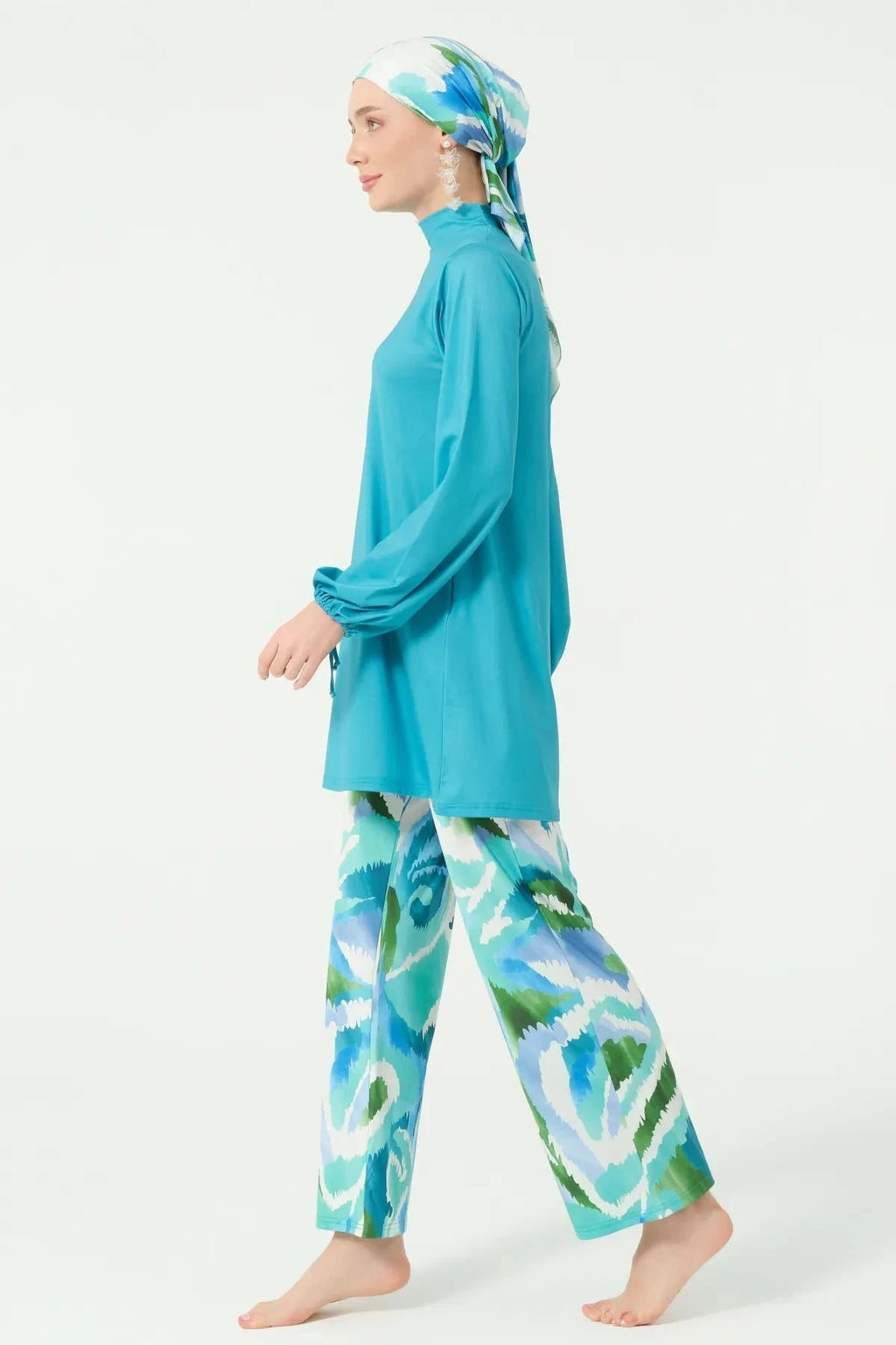 Modest swimwear set in aqua and print, side profile view.