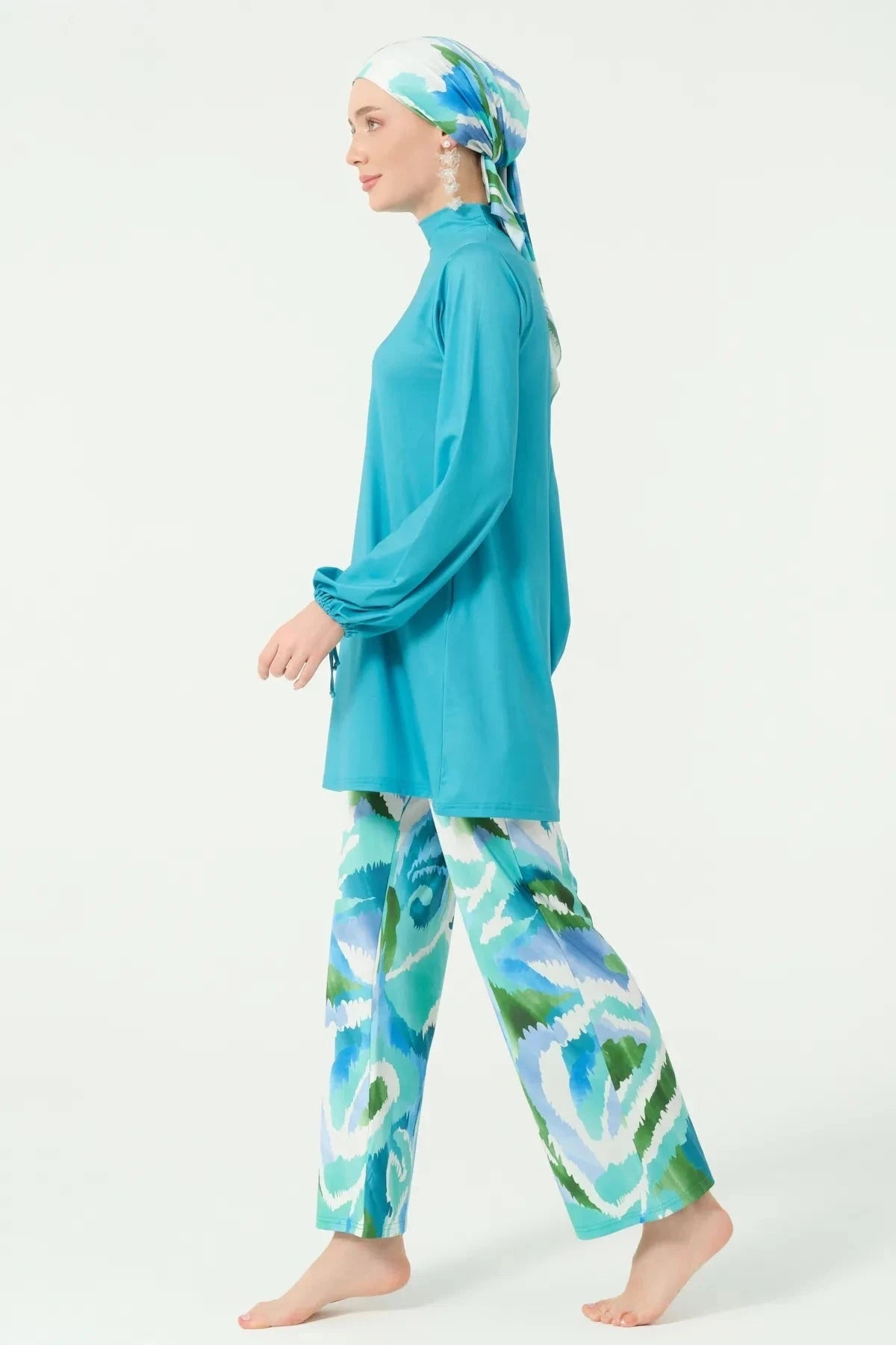Modest swimwear set in aqua and print, side profile view.