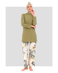 Model in golden olive modest swimwear set, front view