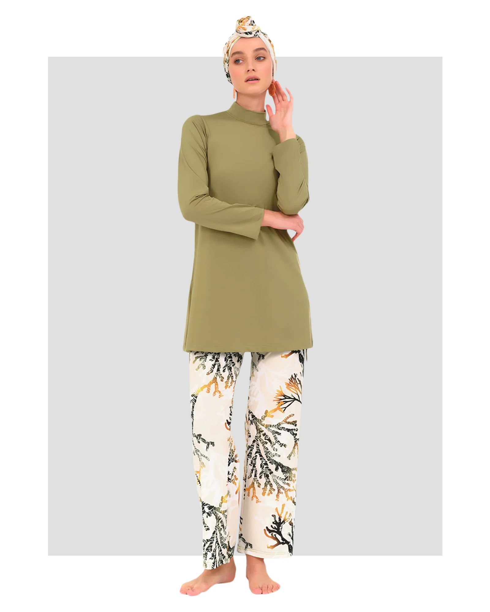 Model in golden olive modest swimwear set, front view